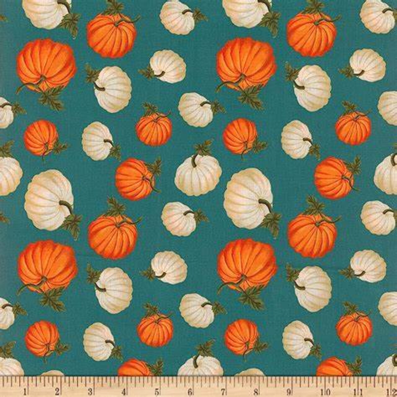 Mook Fabrics Thanksgiving Fall Autumn Tossed Pumpkins on Teal 100% Cotton Fabric By the yard